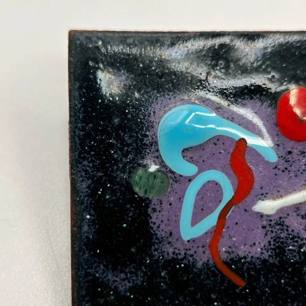 Vintage Multicolor Classic Rectangular‎ Abstract Art Enameled Copper Brooch Pin